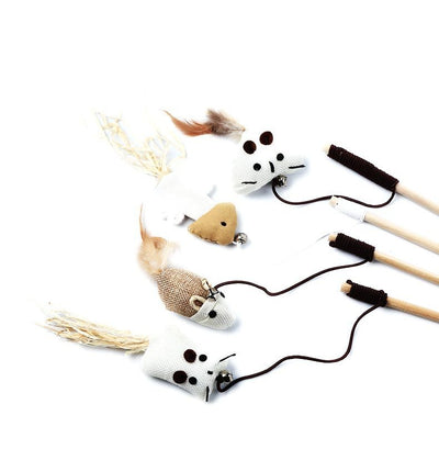 Cat teaser toy with a long wooden pole, a striped ball, brown feathers, and a small bell. - Image 17