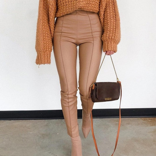 Pantalones de Cuero PU Khaki para Mujer - Diseño Casual con Cierre - Image 3