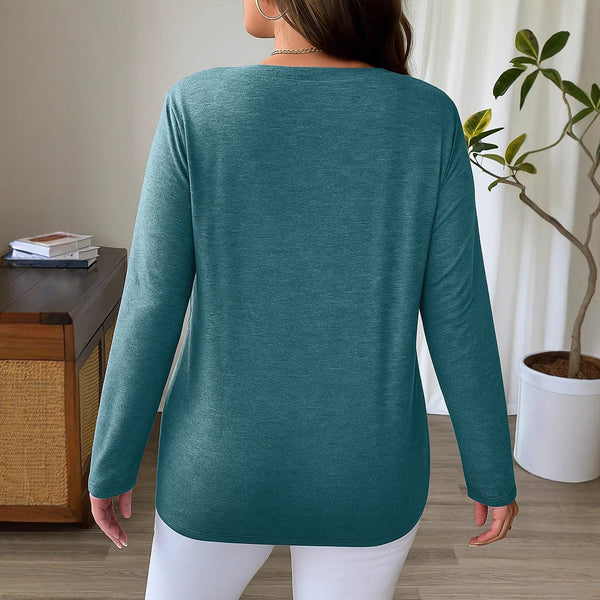 Blusa Ajustada de Punto con Cuello en V y Manga Larga para Mujer
