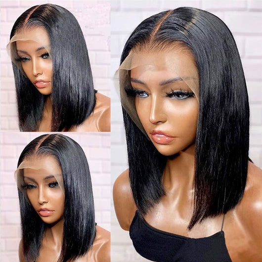 Peluca Frontal de Encaje con Cabello Liso Corto Negro - Fibra Sintética Resistente al Calor - Image 7