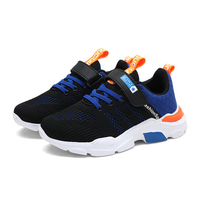 Boy's black and blue sports shoes with orange accents, mesh upper, white sole, blue laces, and a Velcro strap. - Image 33
