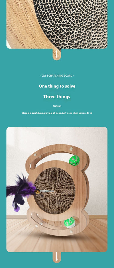 Multi-level cat scratcher with a round corrugated cardboard surface, a wooden track with a green ball, and a pink feather wand with a bell. - Image 8