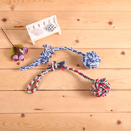 Blue, white, and light blue braided cotton rope dog toy with a knotted ball and loop handle.