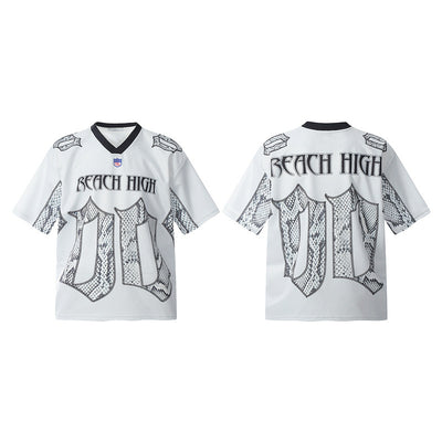 White mesh jersey t-shirt with a V-neck and short drop-shoulder sleeves, featuring a black and white snake scale design. - Image 3