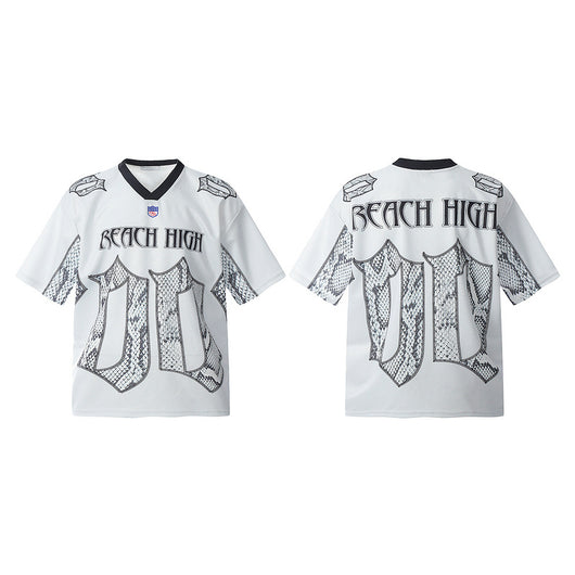 White mesh jersey t-shirt with a V-neck and short drop-shoulder sleeves, featuring a black and white snake scale design. - Image 3