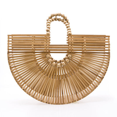 Bolsa Playera Semicircular de Rafia Tejida con Cuentas de Madera - Image 7