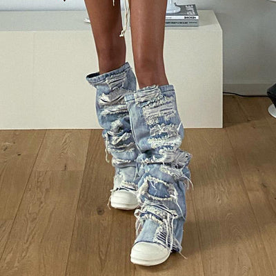 Calentador de Piernas Denim Rotos con Diseño de Personalidad para Mujer