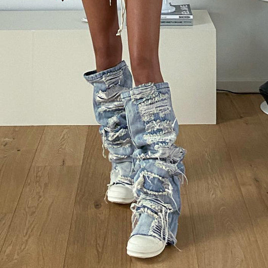 Calentador de Piernas Denim Rotos con Diseño de Personalidad para Mujer