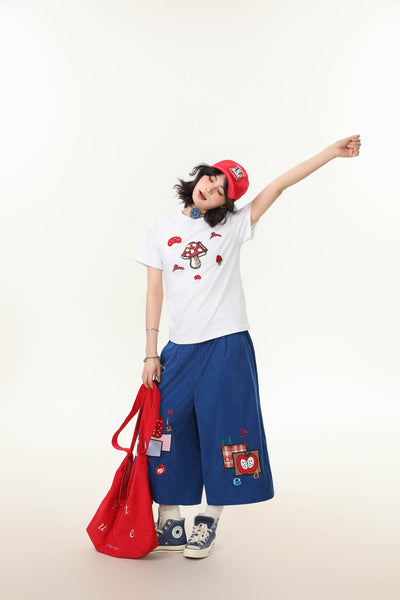 Camiseta Cuello Redondo Manga Corta con Bordado de Hongos para Mujer - Image 15