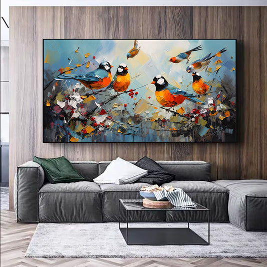 Cuadro Abstracto Moderno Pájaro Urraca Pintado a Mano - Arte Kawaii para Sala de Estar