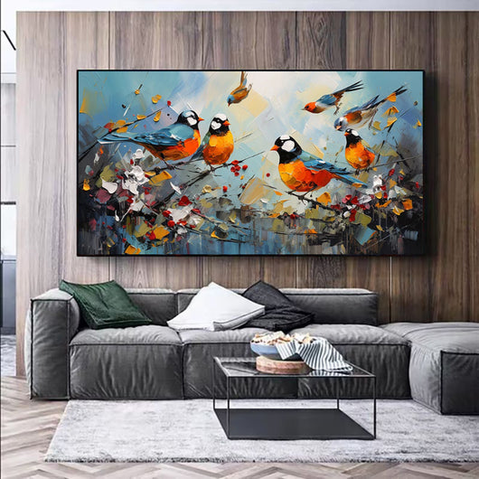 Cuadro Abstracto Moderno Pájaro Urraca Pintado a Mano - Arte Kawaii para Sala de Estar