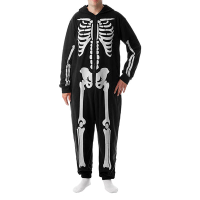 Black hooded one-piece skeleton pajamas with white bone print and front zipper, perfect for Halloween. - Image 5