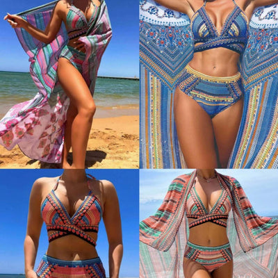 Women's three-piece bikini set with a colorful striped and geometric pattern, featuring a halter top, high-waisted bottoms, and a matching sheer cover-up, on a - Image 5