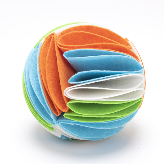 Colorful felt cloth snuffle ball for pets, featuring folded fabric strips in red, orange, yellow, green, blue, and purple. - Image 33