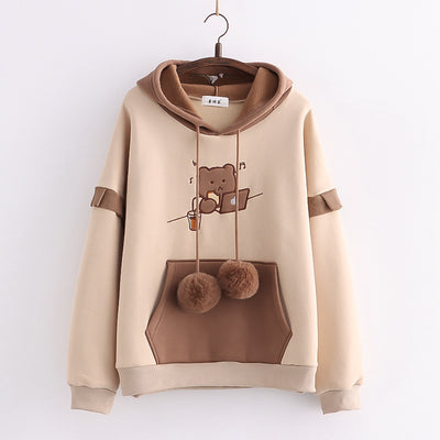 Suéter Suelto con Capucha y Bordado de Osito en Terciopelo para Mujer - Image 2