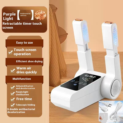 White household shoe dryer with retractable arms, digital display, and control knob, on a light wood floor. - Image 12