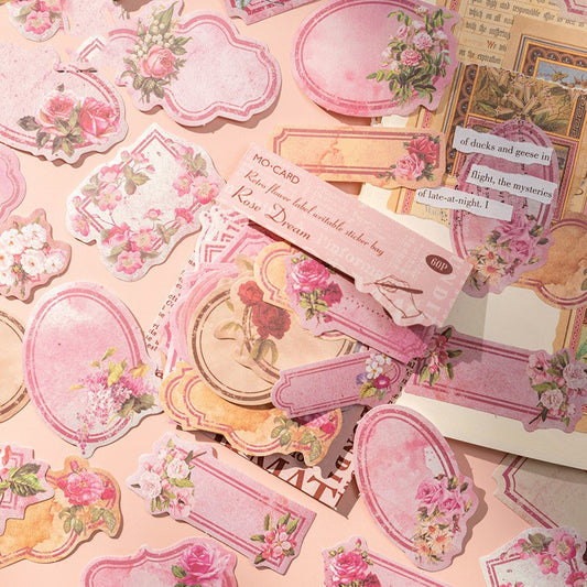 60-piece retro floral writable sticker package with 20 unique vintage garden label designs in various shapes and colors.