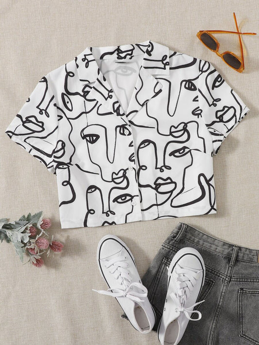 Camisa Estampada de Solapa Única Largo Medio