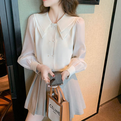 Blusa Larga de Gasa con Cuello Muñeca y Mangas Farol para Mujer - Image 4