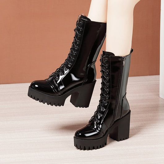 Botas de Tacón Alto Hasta la Pantorrilla con Cordones para Mujer - Image 4