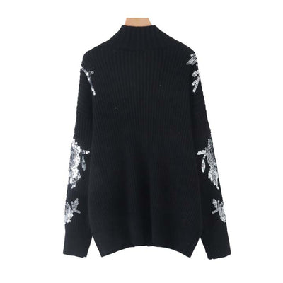 Suéter Negro Holgado con Cuello Alto y Flores de Lentejuelas - Image 2