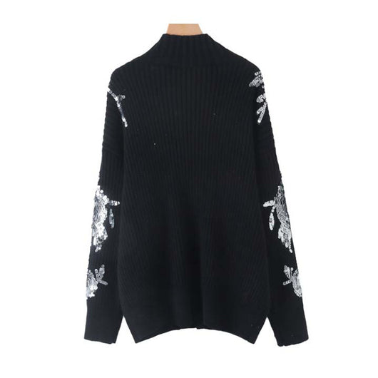 Suéter Negro Holgado con Cuello Alto y Flores de Lentejuelas - Image 2
