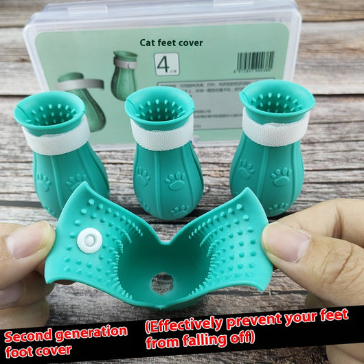 Four teal rubber cat paw covers with white hook-and-loop straps and paw print details, designed for anti-scratch protection. - Image 17