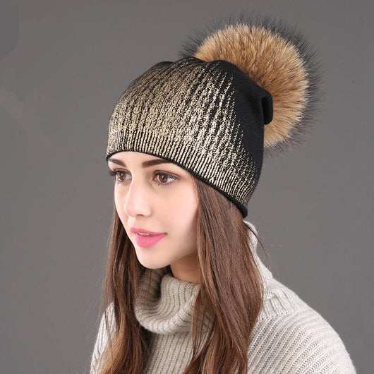 Gorro Tejido de Lana Cálido para Mujer - Dorado y Plateado - Image 3