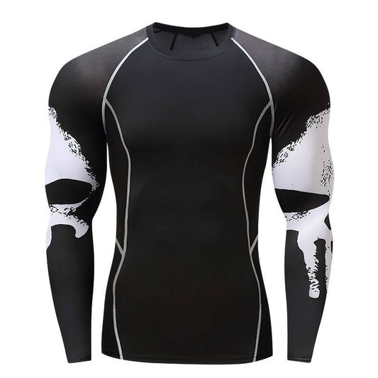 Playera Deportiva Manga Larga con Diseño Calavera - Ajuste Compresión Quick Dry para Hombre