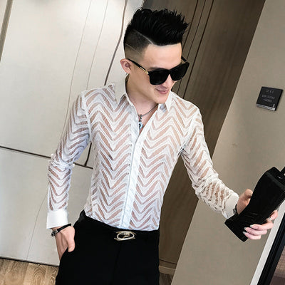 Camisa de Encaje Transparente para Hombre - Estilo Clubwear Moderno - Image 11
