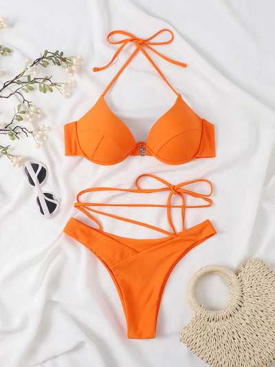 Orange split bikini set with a halter top and high-cut bottoms featuring wrap-around waist straps. - Image 10
