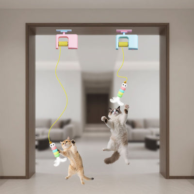 Electric pet cat toy with a blue hanging mechanism, yellow yo-yo string, and a colorful feathered lure. - Image 4