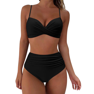 Olive green high-waisted bikini with a ruched wrap-front top and ruched high-waist bottom. - Image 10