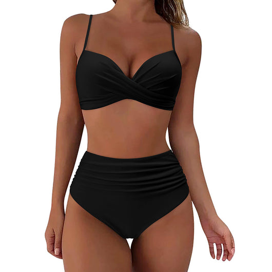 Olive green high-waisted bikini with a ruched wrap-front top and ruched high-waist bottom. - Image 10