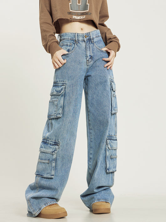 Overol Jeans Retro Lavado Multibolsillos Mujer Pantalón Recto Casual - Image 3