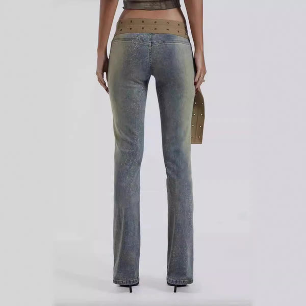 Pantalón Vaquero Cintura Baja con Cinturón de Lona y Efecto Reductor