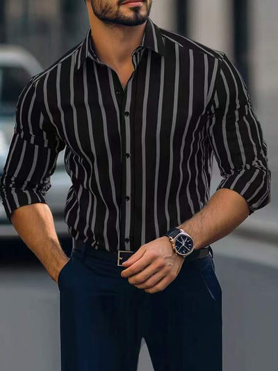 Camisa Casual de Manga Larga con Estampado a Rayas y Elasticidad Cuádruple para Hombre - Image 7