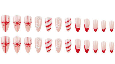 Set de 24 Uñas Postizas Navideñas con Diseños de Sombreros, Rayas y Copos de Nieve - Image 24