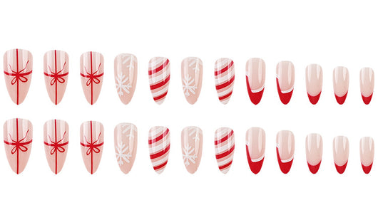 Set de 24 Uñas Postizas Navideñas con Diseños de Sombreros, Rayas y Copos de Nieve - Image 24