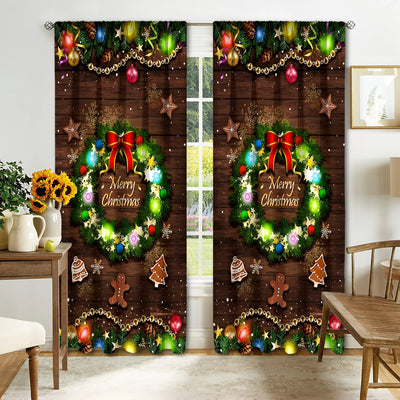 Christmas curtain with a snowy village scene, Santa Claus, flying reindeer, and piles of wrapped gifts. - Image 10