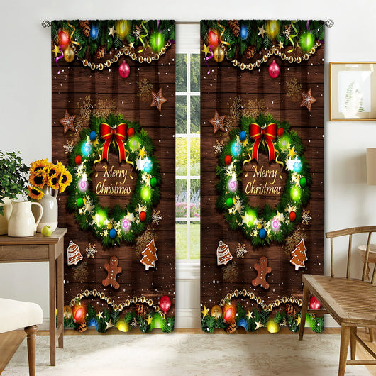 Christmas curtain with a snowy village scene, Santa Claus, flying reindeer, and piles of wrapped gifts. - Image 10