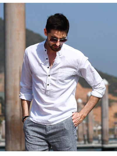 Camisa Casual de Lino y Algodón con Cuello Mao para Hombre - Image 27