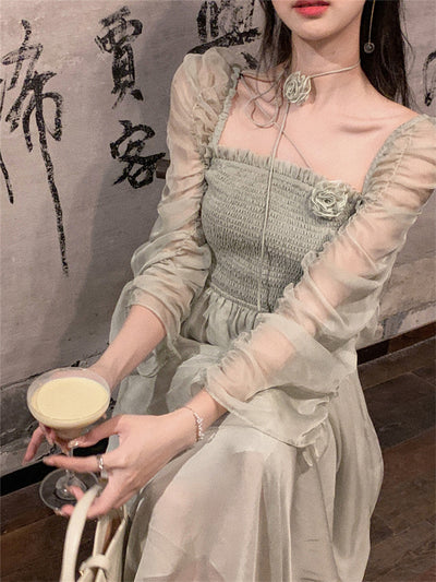 Vestido Largo de Manga Larga con Escote Cuadrado y Pliegues - Image 15