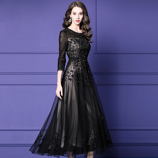 Vestido Largo de Encaje Bordado con Cuentas - Elegancia Temperamental - Image 6