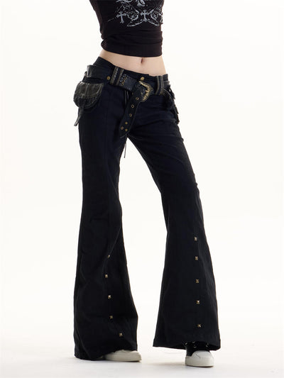 Pantalones Acampanados Denim Negro Lavado con Diseño Militar Verde Ejército - Image 12