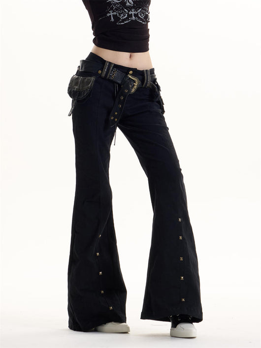 Pantalones Acampanados Denim Negro Lavado con Diseño Militar Verde Ejército - Image 12