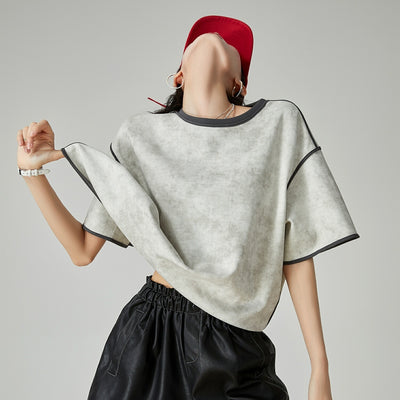 Camiseta Gris de Manga Corta con Perfil Holgado para Mujer