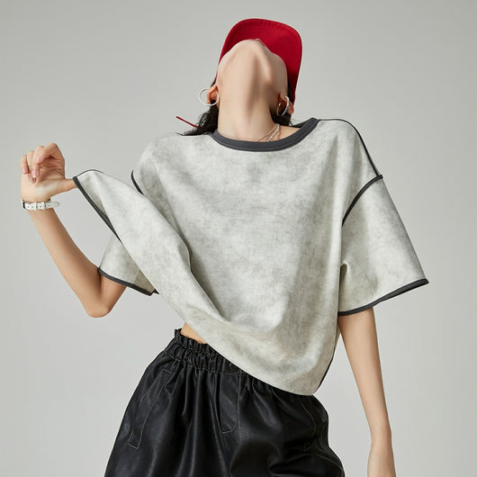 Camiseta Gris de Manga Corta con Perfil Holgado para Mujer