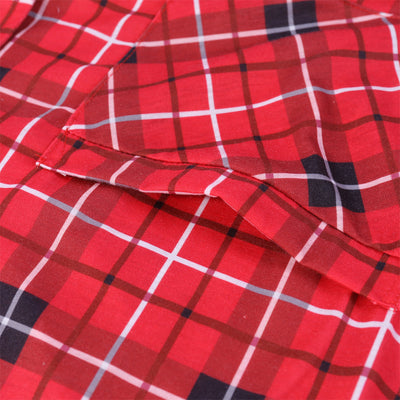 Red, black, and white plaid long-sleeve baby romper with a collar and snap closures, hanging on a hanger. - Image 18