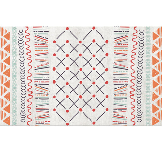 Rectangular area rug with white background and horizontal stripes of black, teal, and yellow tribal patterns. - Image 13
